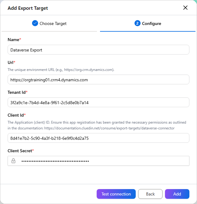 The Configure tab of Add Export Target with Name, Url, Tenant Id, Client Id and Client Secret filled in, and Test connection and Add buttons