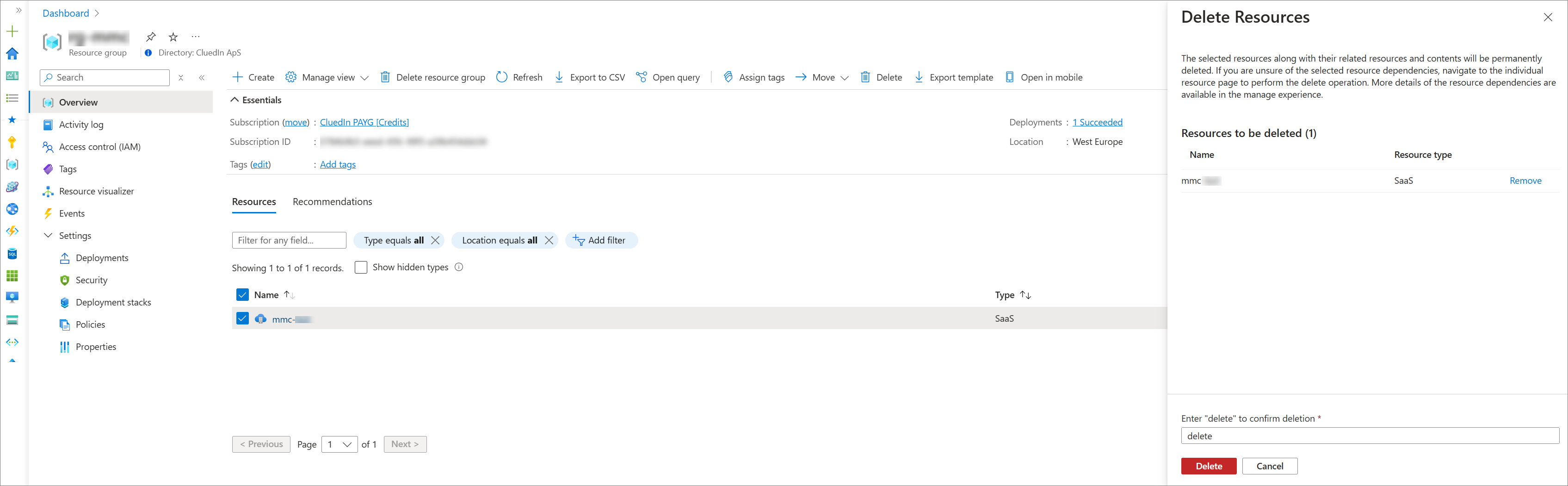Resource group with the SaaS resource selected and the Delete Resources pane open, delete entered to confirm, and the Delete button