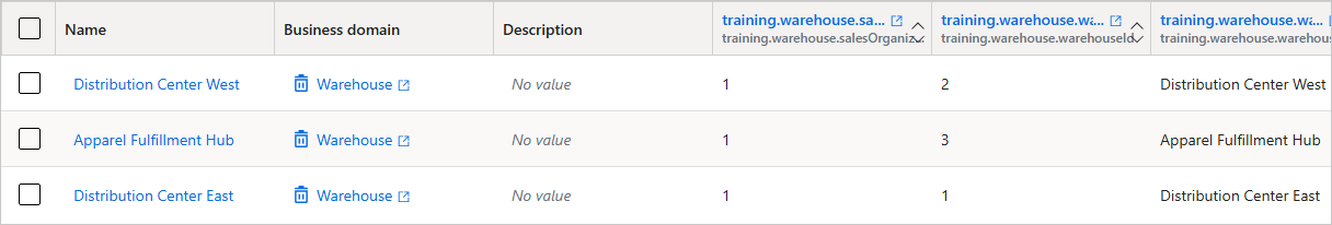 Three golden records of the Warehouse business domain: Distribution Center West, Apparel Fulfillment Hub, and Distribution Center East