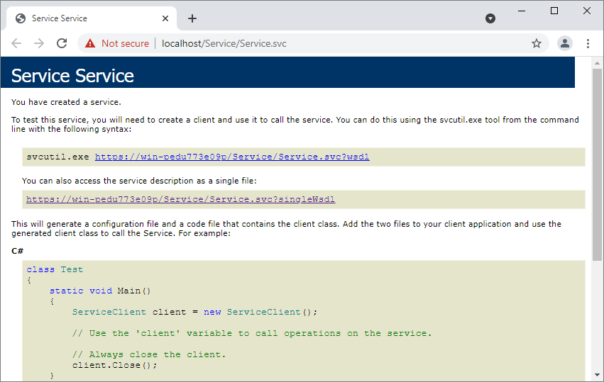 Browser showing the Service.svc page loaded, with the svcutil.exe instructions for creating a client