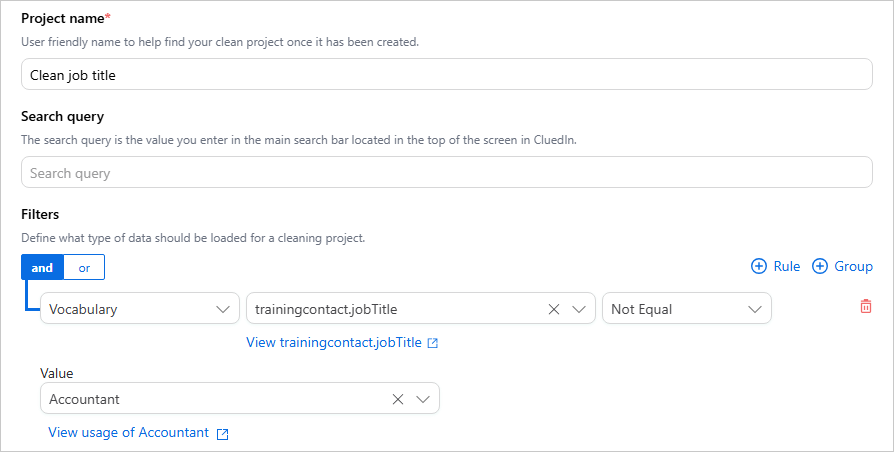 Clean project configuration with Project name Clean job title and a filter where vocabulary key trainingcontact.jobTitle is Not Equal to Accountant